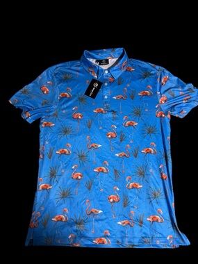 New Men's Blue Flamingo Print golf Polo Shirt medium